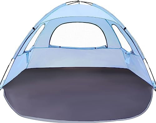 WhiteFang Tente de plage anti-UV portable pour 3 personnes, sol extensible avec 3 fenêtres d'aération en maille, sac de transport, piquets et haubans (bleu sierra)