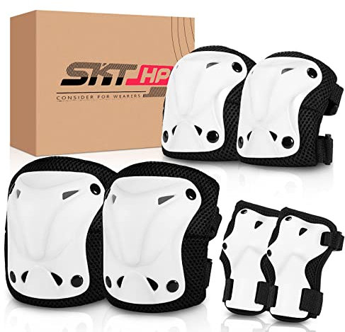 SKT HP Équipement de protection pour adultes, genouillères, coudières, protège-poignets pour patinage à roues alignées, vélo, skateboard, blanc