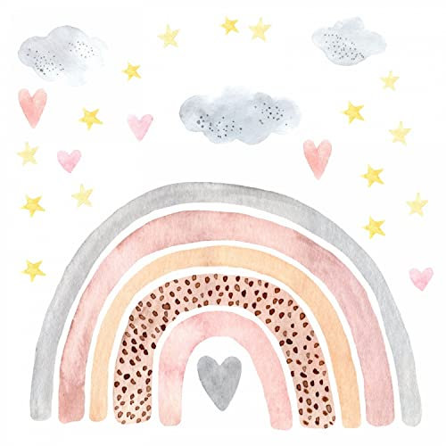 227 Wandtattoo Regenbogen Wolken Sterne und Herzen Aquarell Pastell Größe 750 x 420 mm - in 6 Größen - Kinderzimmer Sticker Wandaufkleber Wandsticker Wanddeko Wandbild