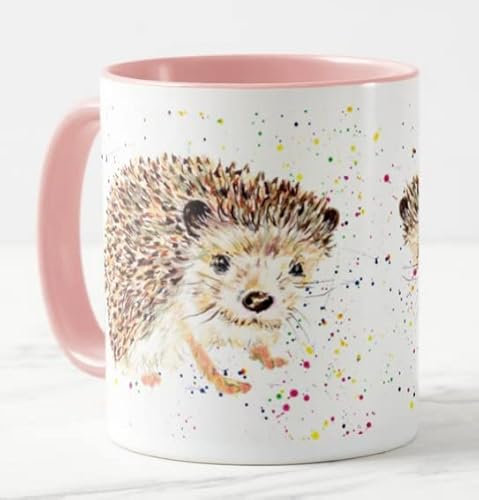 Vixar Hedgehog British Wildlife Hand Painted Design Watercolour Art Coloured Mug Cup Gift Birthday Work Office Christmas Tea Coffee (Pink)