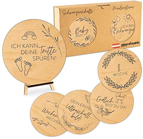 sagl.tirol Meilensteinkarten Schwangerschaft aus Holz [100% natürlich] 30 Meilensteine aus Buchen Holz als Geschenk für Schwangere I Geschenkideen für werdende Mütter I Babybauch (Schwangerschaft)