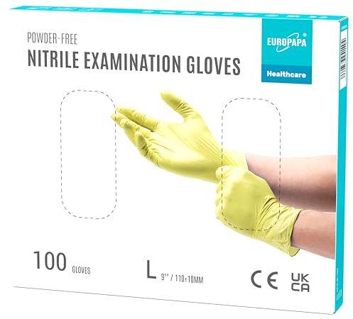 EUROPAPA® 100 guantes de nitrilo, desechables, guantes de examen, sin polvo, sin látex, no estériles, sin látex, guantes desechables (L, amarillo)
