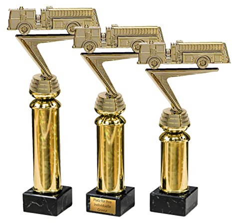 eberin · Feuerwehr-Auto als Pokale mit oder ohne Gravur · Wanderpokal · Löschfahrzeug auf Goldsäule/Marmor schwarz · FFW Auszeichnung · Pokal in 3 Größen erhältlich · (23,8 cm)