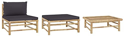 JUNZAI Set Divani da Giardino 3 pz con Cuscini Grigio Scuro in bambù,Set Divani da Giardino,Set Salotto da Esterno,Divani da Esterno,Giardino Esterno Arredo