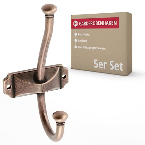 Gedotec Garderoben-Haken aus Metall | 5 Stück | Oberfläche: Kupfer antik - Länge: 134 mm - Breite: 66,5 mm | ANTON | Vintage Stil | Kleiderhaken für zu Hause | Garderobenleiste