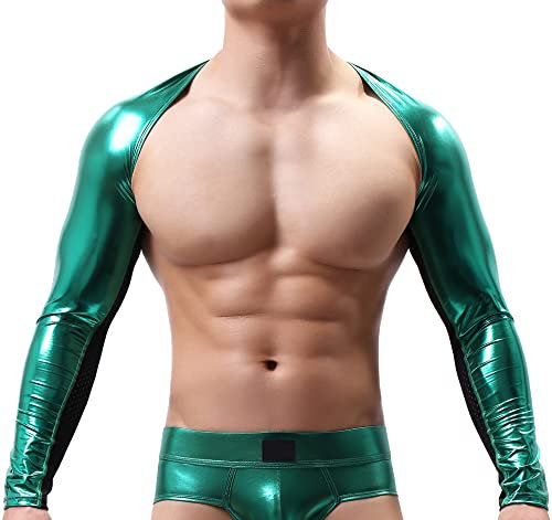 FEOYA Mens Half Crop Top Faux Leather Arm Cover Sleeve Shrug Mesh Long Sleeve Tops for Men UK Sexy Muscle Top Green XL Sports Undershirt Cropped Shiny Metallic T Shirt Clubwear Workout Gym Activerwear