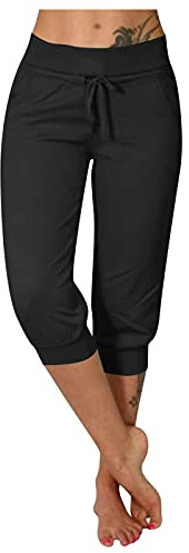 DRALOFAO 3/4 Hosen Damen Sommer Stretch Caprihosen Sweathose Leicht Sommerhose, Jogginghose Damen Yoga Hose Mit Taschen Kordelzug Sporthose Frauen Sweatpants Elastischer Bund Freizeithose