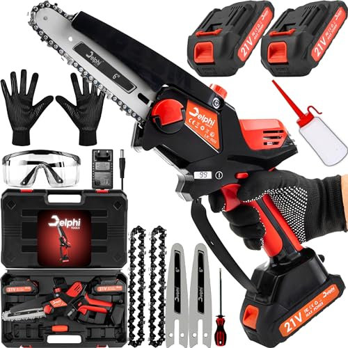 Delphi - Tools, motosega a batteria da 6, 1200 W, con 2 batterie, motosega senza fili con blocco di sicurezza, piccola motosega a mano con batteria per tagliare alberi e arbusti, facile da usare