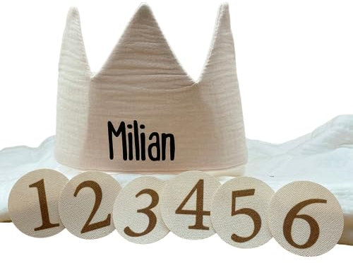 Hochwertige Rosa Geburtstagskrone * Vintage Blumen * Stoffkrone Musselin * Krone mit Namen * Wunschnamen mit Liebe bedruckt (Beige)
