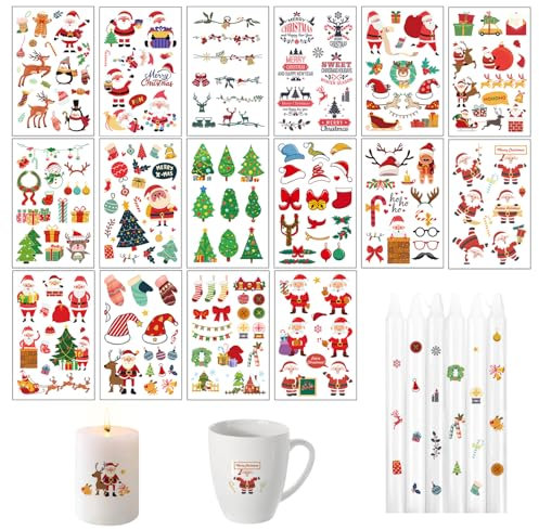 Nexoria Kerzen Tattoos Folie, 16Pcs Weihnachten Kerzentattoo Leuchtend Kerzen Tattoofolie Kerzentattoo Weihnachten Kerzenaufkleber Sticker Wasserschiebefolie Tatoofolie Für Weihnachten (A)