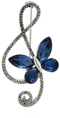 Broche bijou clé de sol et papillon acier gris argenté et strass cristal bleu.