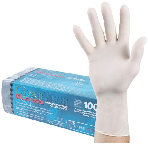 CyberTech – Latexhandschuhe mit pflegendem Aloe-Vera (100 Stück), puderfrei, unsteril, weiße Untersuchungshandschuhe, L