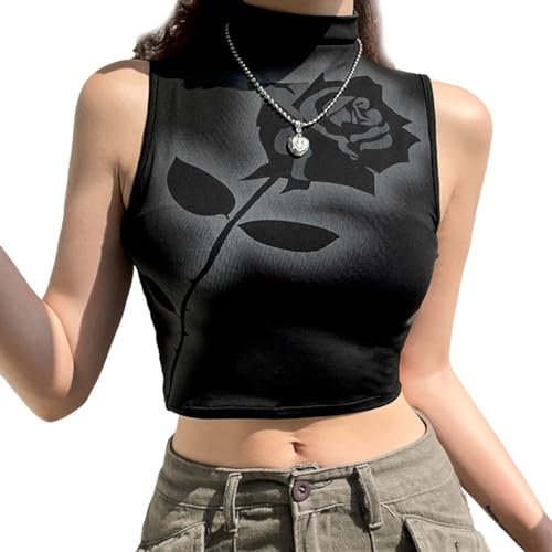 EMOTTOS Sexy Rosendruck Oberteil, ärmelloses Rollkragen Crop Top, Slim Fit Dehnbare Tanzweste für Keule Partei T-Shirt (Schwarz, M)