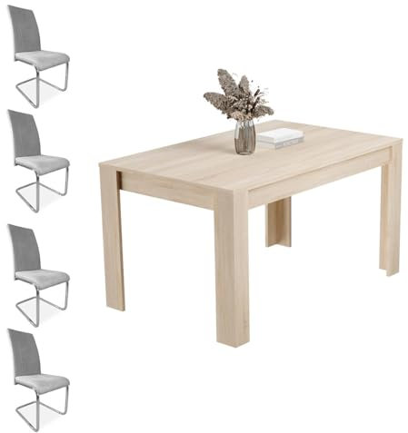 Homey - Pack Mesa de Comedor o Salón, Modelo Teide, Color Cambria + 4 Sillas Tapizadas Acabadas en Marengo, Modelo Skadi, con Patas Cromadas