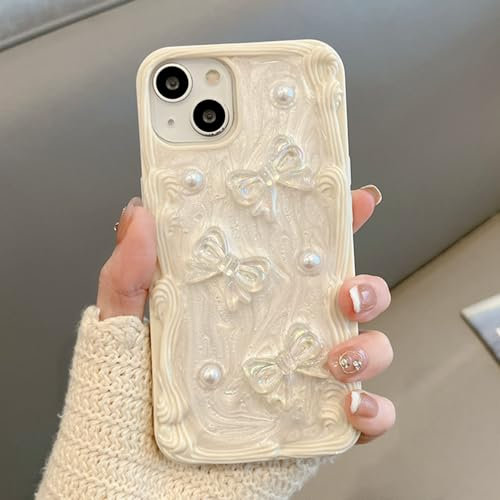 QLTYPRI Compatible with iPhone 15 Case, Cute 3D Bow Knot Roman Column Border Shape Glitter Case for Girls Women, Soft Silicone TPU Bumper Shockproof Protective Phone Cover for iPhone 15 - White