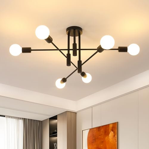 Lustre Plafonnier Sputnik Industriel, 6 Lumières Douille E27 Lampe Suspension Vintage en Métal, Lampe de plafond Luminaire pour Salon, Chambre, Cuisine, Noir 70CM Max. 60W (Ampoules non incluses)