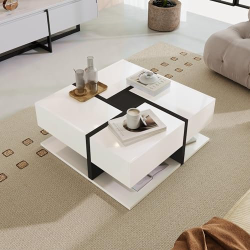 WENCHSH Moderner Hochglanz Quadratischer Couchtisch mit 4 Schubladen und Unten Stauraum, Satztische fürs Wohnzimmer (Weiß)