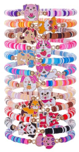 Geflochtenes Cartoon-Perlenarmband für Damen und Teenager, elastische Kette, niedlicher Hund, Katze, 12 Stück/Set, Schmuckgeschenk, Small, Edelstein, Zirkonia