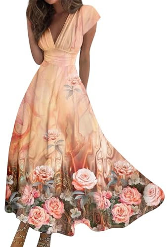 Robe Femme Chic Et Elegant, Robe De Soiree Femme Longue Boheme Ceremonie Robe Vintage Plage Femme Ete Fluide en Jeans Chic Et Elegante Rose (1-Orange,M)