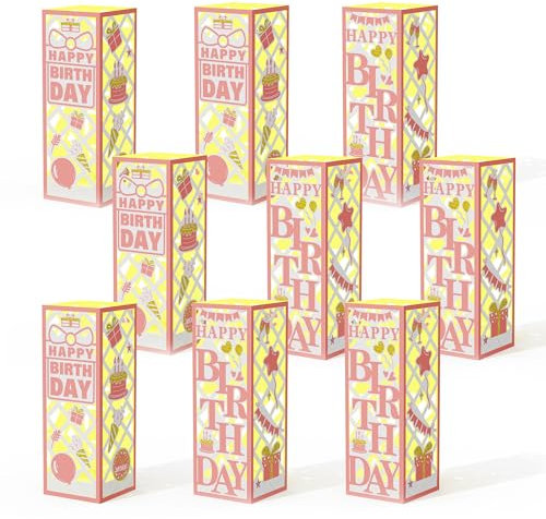 9 Pcs Light Up Happy Birthday Decorations Set Lantern Boxes Party Centerpiece Table Ideas Decorations with LED Light Happy Birthday Party Supplies Table Decor for Kid Women Men Birthday (Rose Gold)