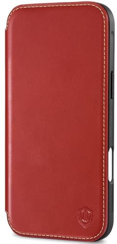 SHIELDON Wallet Case for iPhone 16 Pro Max 5G 6.9, Genuine Leather Slim Flip Case with [3 Card Slots][RFID Blocking] Magnetic Wireless Charging Cover Compatible with iPhone 16 Pro Max - Retro Red