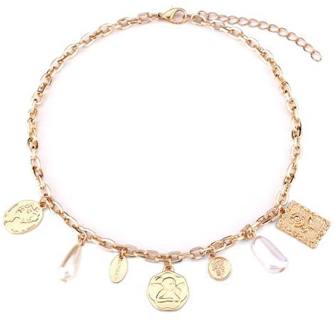 Mikovivi Collier à Breloques pour Femme, Exquis Collier à Breloques en or Collier à Breloques Épaisses en Alliage Badge Perle Collier Vintage pour Femme Été Plage Fête Bijoux Cadeau