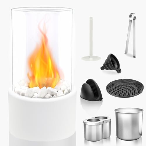 Bioethanol Tischkamin Tischfeuer Set mit Deko Steinen und 2 Brennkammern Bioethanol Kamin, Längere Brennzeit Tragbare Bio Ethanol Feuerstelle Tischkamin für Indoor & Outdoor Tisch Kamin (Weiß)