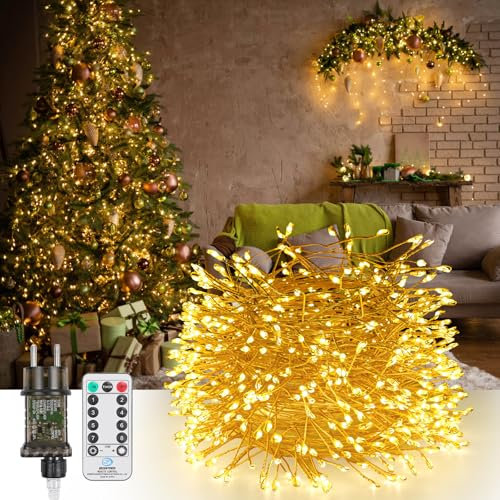 GuKKK LED Lichterkette aus Kupferdraht, 10M 600 LED Lichterkette Außen, Lichterkette Weihnachtsbaum Warmweiß mit Fernbedienung, Wasserdicht IP65, für Weihnachtsdeko Innen Außen Weihnachten Party
