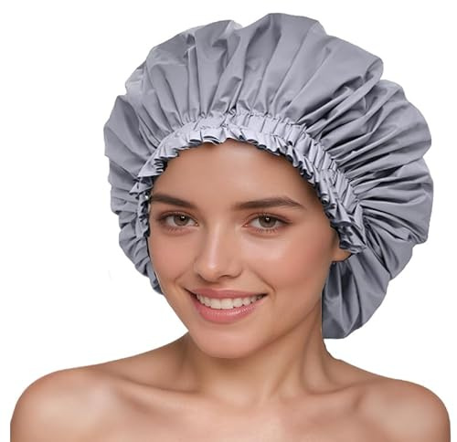 REROON Large Waterproof Shower Cap for Long Hair, Reusable Jumbo Shower Bonnets, Shower Head Cover for Locs, Curly, Baids & Wigs, XL Size Hair Cap for Spa Home Salon Use(Grey)