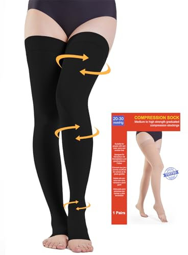 20-30 mmHg Medizinische Kompressionsstrümpfe Damen & Herren Klasse 2, Offene Zehe Lang Stützstrümpfe Thrombosestrümpfe mit Silikonband für Krampfadern Ödeme Flug (Schwarz, L)