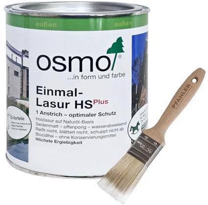 Osmo Einmal-lasur HS Plus Eiche 9241 transparent 0,75l Dose + Flächenstreicher Pinsel von Pfahler
