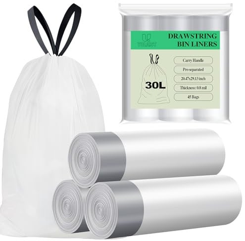 Yolaist Bin Bags 30L, 20um Strong Tall Kitchen Pedal Bin Liners, 45 Counts White 30L Bin Liners with Tie Handle, Thicken, Quick Dispense