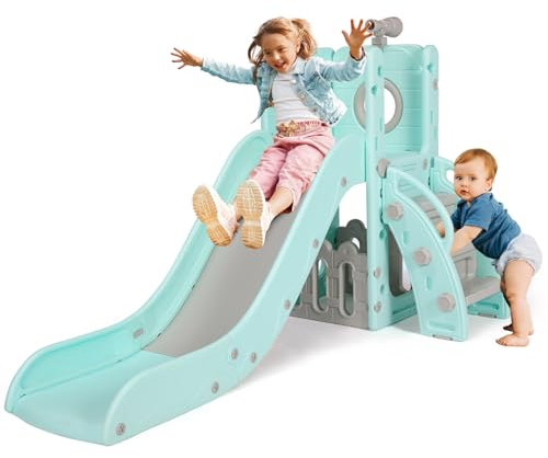 Toboggan Bebe, Toboggan Exterieur/Interieur Enfant, Toboggan Autoportant, 4 en 1 Toboggan, avec Télescope, Espace de Rangement, Escaliers, Glisse 136cm,Jusqu'à 60 kg, Vert Gris