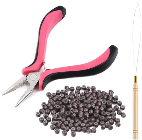 Vlasy Hair Extensions Pliers Kit with 3 Holes Hair Extension Pliers, Loop Needle Threader and 100Pcs 3.0mm Silicone Lined Nano Rings Beads for Hair Extensions or Hair Tinsel(Brown)