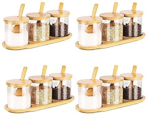 HONGCHU Gewürzbehälter mit Deckel, Gewürzdose, Gewürztöpfe, Gläser mit Löffeln, Behälter für Gewürze, Salz, Zucker, Menage (Bambus, 4er-Set)
