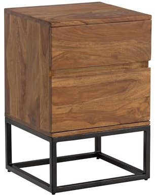 FineBuy Nachttisch Sheesham Massivholz Metall 40x38x60 cm Nachtschrank Boxspringbett, Design Nachtkonsole mit 2 Schubladen, Nachtkommode Industrial mit Stauraum