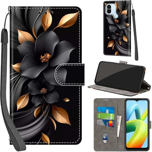 Handyhülle für Xiaomi Redmi A1 / A2 Klapphülle Leder Wallet Blumen | 3 Kartenfächer & 1 Geldfach, Magnetverschluss, Ständerfunktion, robuste premium PU leder klapphülle für Xiaomi Poco C50