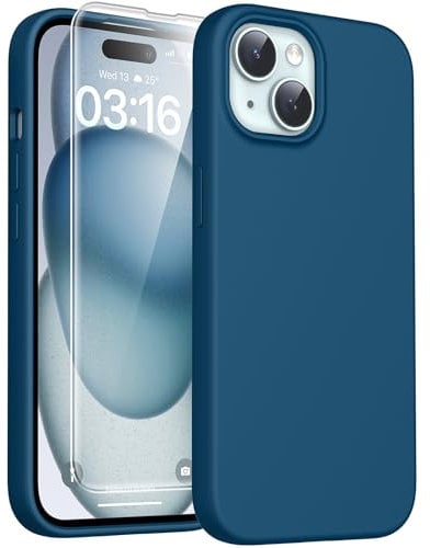 TOCOL 3 in 1 Silicone for iPhone 15 Case 6.1-Inch, with 2 Pack HD Tempered Glass Screen Protector, Liquid Silicone Slim Silky-Soft Touch Multi-Color Anti-Scratch Shockproof Cover, Midnight Blue