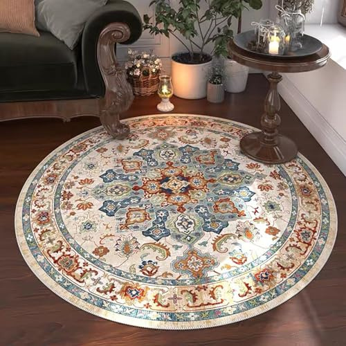 Tospass Vintage Boho Rund Teppich Waschbarer Wohnzimmer Orientalischer Stil Sofa Teppich Kurzflor Couchtischmatte, Bunter Muster Rutschfester Carpet für Schlafzimmer. 140 cm