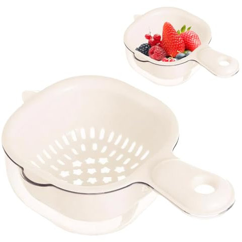 Mini Colander, Double-Layer Vegetable Washing Basket with Handle, Detachable Plastic Fruit Cleaning Bowl with Strainer, Hanging Fruit Strainer for Pasta Salad Berry, Beige Mini Colander