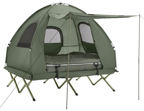 SoBuy Tente Surélevée avec Lit de Camping pour 2 Personnes Tente de Camping Pliable 4en1 avec Lit en Alu, Sac de Couchage, Matelas Gonflable, Sac de Transport Charge Max. 180 kg Verte OGS61-L-GR