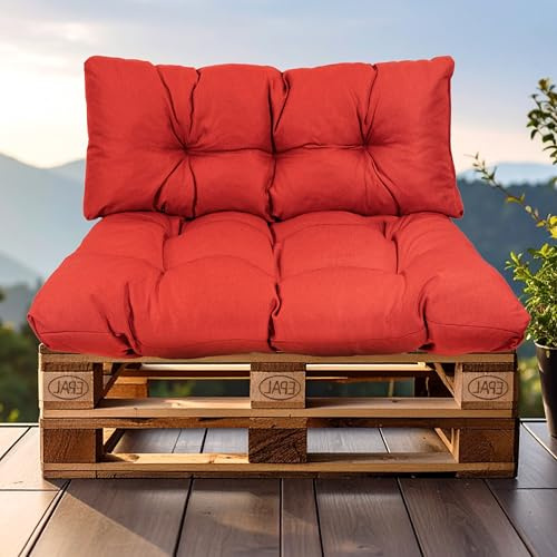 SLIPIO Palettenkissen für Europaletten, 2-TLG. Set, wetterfest, Rot | Palettenpolster; FÜLLPRO+ Füllung; 1x Rückenkissen 120x40 cm + 1x Sitzkissen 120x80 cm