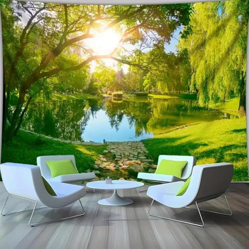 Arsey Naturlandschaft Wandteppich, Park mit See Sonnigem und Weidenbaum Wandteppiche Aesthetic Natur Wandtuch für Schlafzimmer Wohnzimmer Deko, Grün, 200x150cm