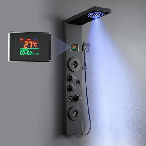 KINKIBOS Duschpaneel mit Armatur, 6 Funktionen Duschpaneel mit LED Temperaturanzeige Regendusche, Nebeldusche, 2 Modi Massagedüsen, Handbrause und Wanneneinlauf, Duschsäule aus Edelstahl, Schwarz Matt