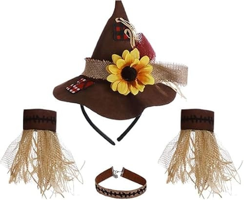 ULTECHNOVO Witch Hat 4 Pcs in 1 Set Halloween Costume Accessories Straw Hat Wristband Necklace Decoration Cosplay Adornment for Adults Carnival Scarecrow