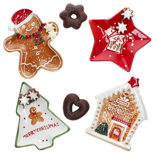 MamboCat Patisserie Weihnachten 4tlg Keksteller Set I kleine Teller aus Steingut I je 1x Tannenbaum, Stern, Lebkuchenmann & -haus I Gebäckteller & Snackteller I Nikolaus, Advent