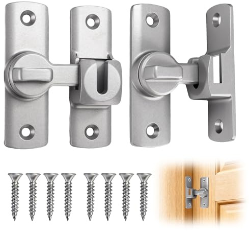 Funver 2 Pack Aluminum Alloy Sliding Door Latches, Silver Sliding Door Lock with 90/180 Degree Flip Design for Interior Barn Doors Bathroom Bedroom Cabinet and Window Security