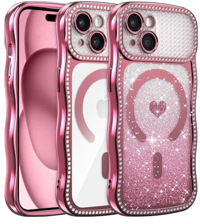 UCASONG for iPhone 14 Plus/15 Plus Magnetic Wave Frame Case, Pink Heart