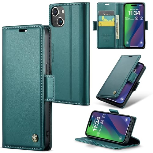 Idhiem for iPhone 15 Flip Case, PU Leather Wallet Cover with RFID Blocking, Magnetic Closure Card Holder and Kickstand, Shockproof Protective Case- Green