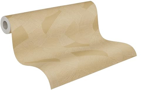 A.S. Création Grafik-Vliestapete – Braun, Gelb, Weiß – 10,05 x 0,53 m | Modernes Grafik-Musterals Akzent – schimmernde Mustertapete im Metallic-Look, einfach zu verkleben & spurlos abziehbar